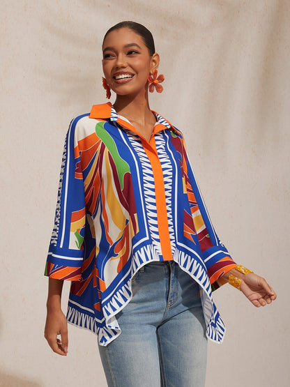 Vacation Geometric Color Block Print Batwing Sleeve Satin Short Shirt