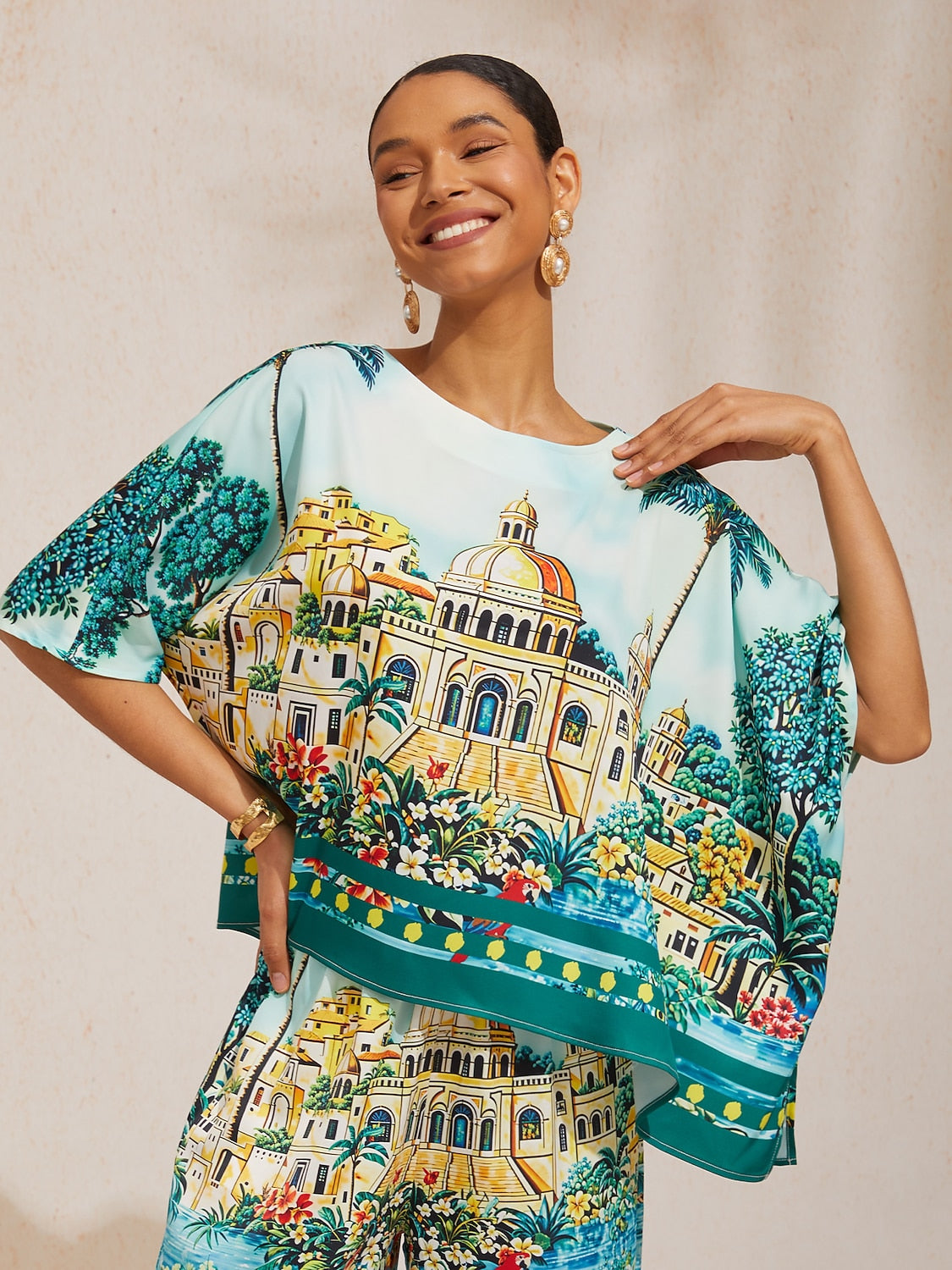 Summer Night Palm Silky Satin Dolman Sleeve Top