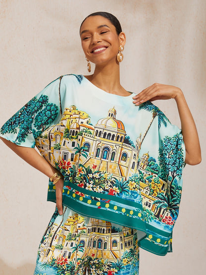 Summer Night Palm Silky Satin Dolman Sleeve Top