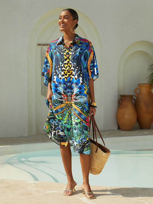 Vacation Feather Leopard Print Dolman Sleeve Fit Chiffon Shirt Dress