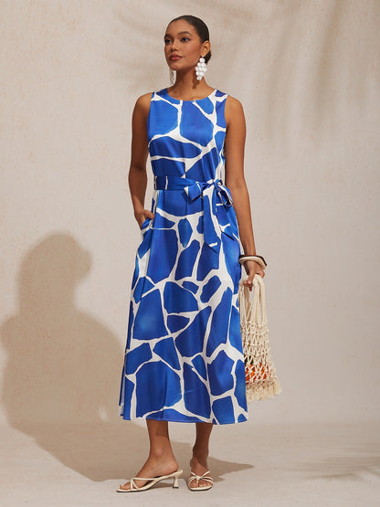 Vacation Geometric Color Block Print Straight Fit Satin Maxi Dress