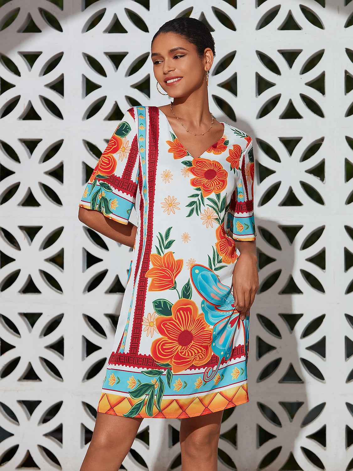 Floral Print Mini Dress Orange Flower Pattern