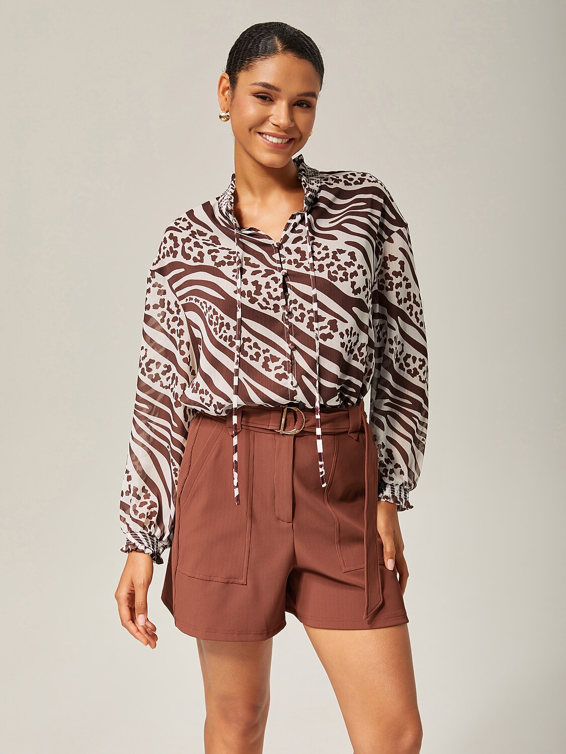 Animal Print Ruched Long Sleeve Pullover