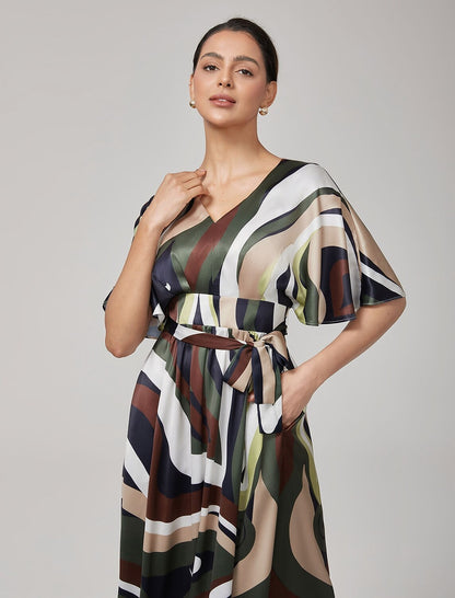 Camouflage Satin V-Neck Cinched Dress