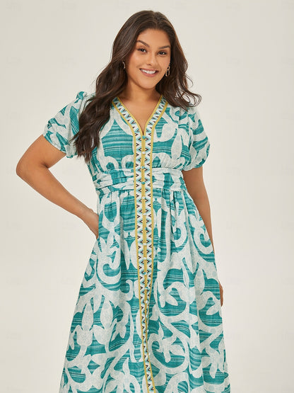 Puff Sleeve V Neck Maxi Dress