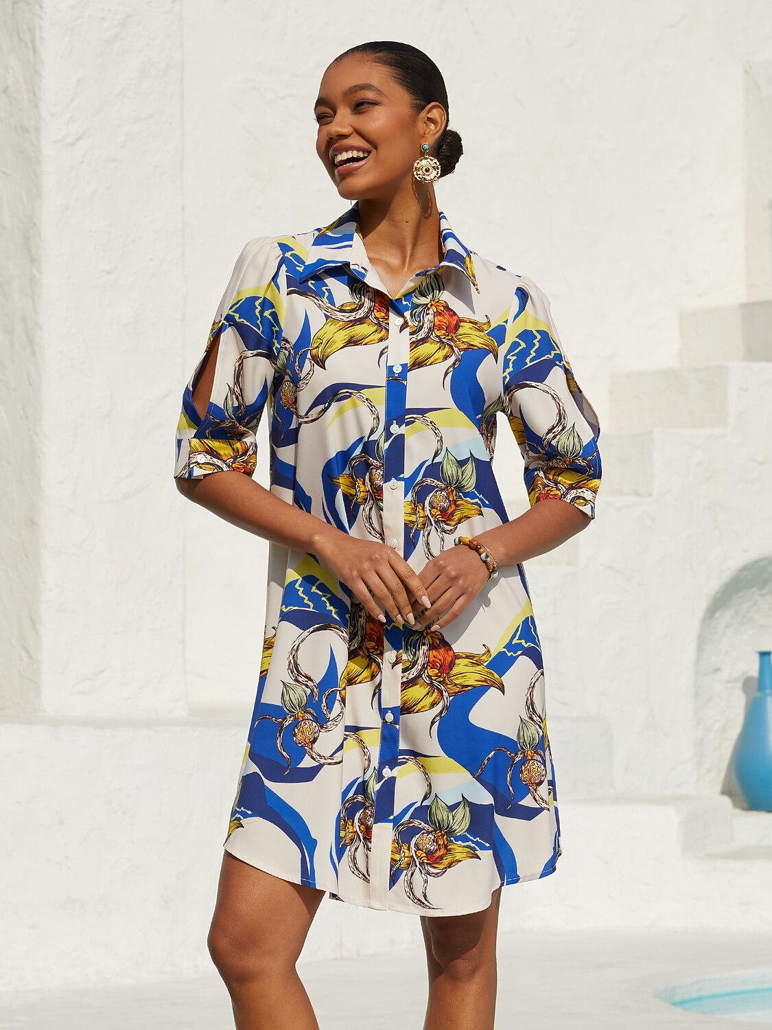 Vacation Scenic Floral Print Straight Satin Shirt Dress
