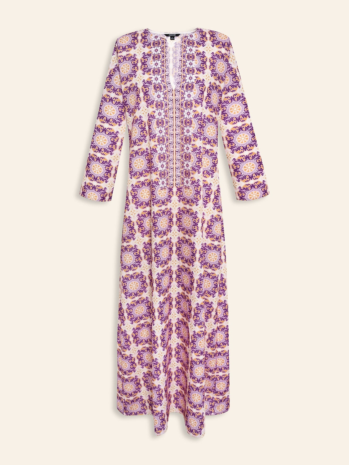 Ethnic Floral Print Notched Collar Vacation Style Maxi Dress