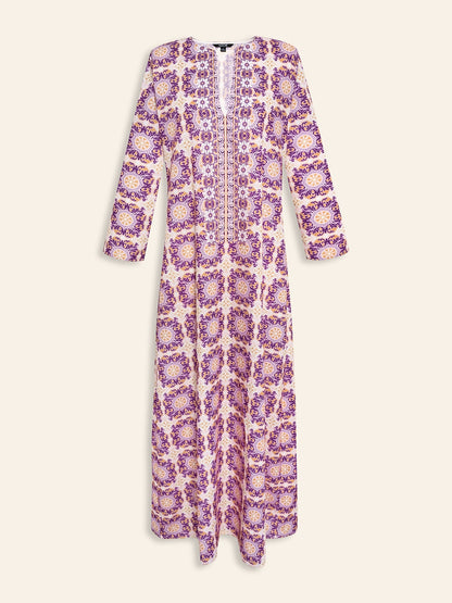 Ethnic Floral Print Notched Collar Vacation Style Maxi Dress