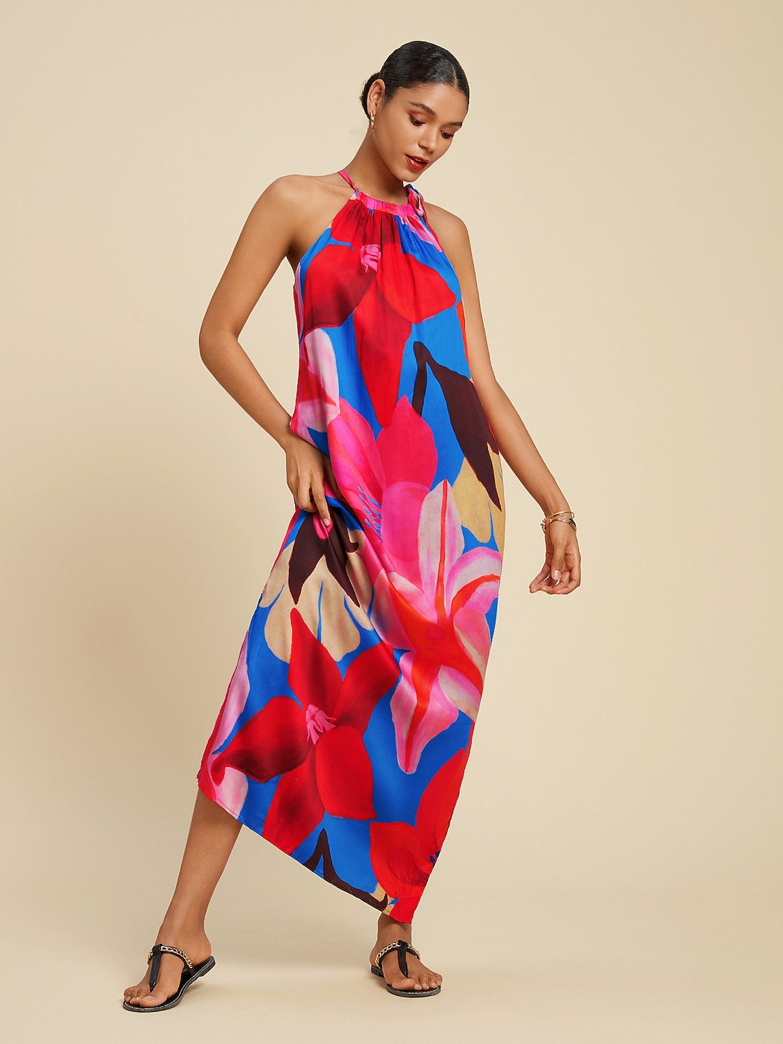 Tencel Floral Print Halter Maxi Dress