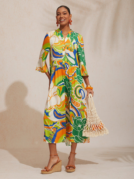 Vacation Color Contrast Floral Print Ruched Satin Maxi Dress