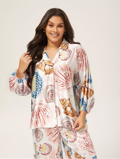 Shell Print Relaxed Fit Overhead V-Neck Blouse