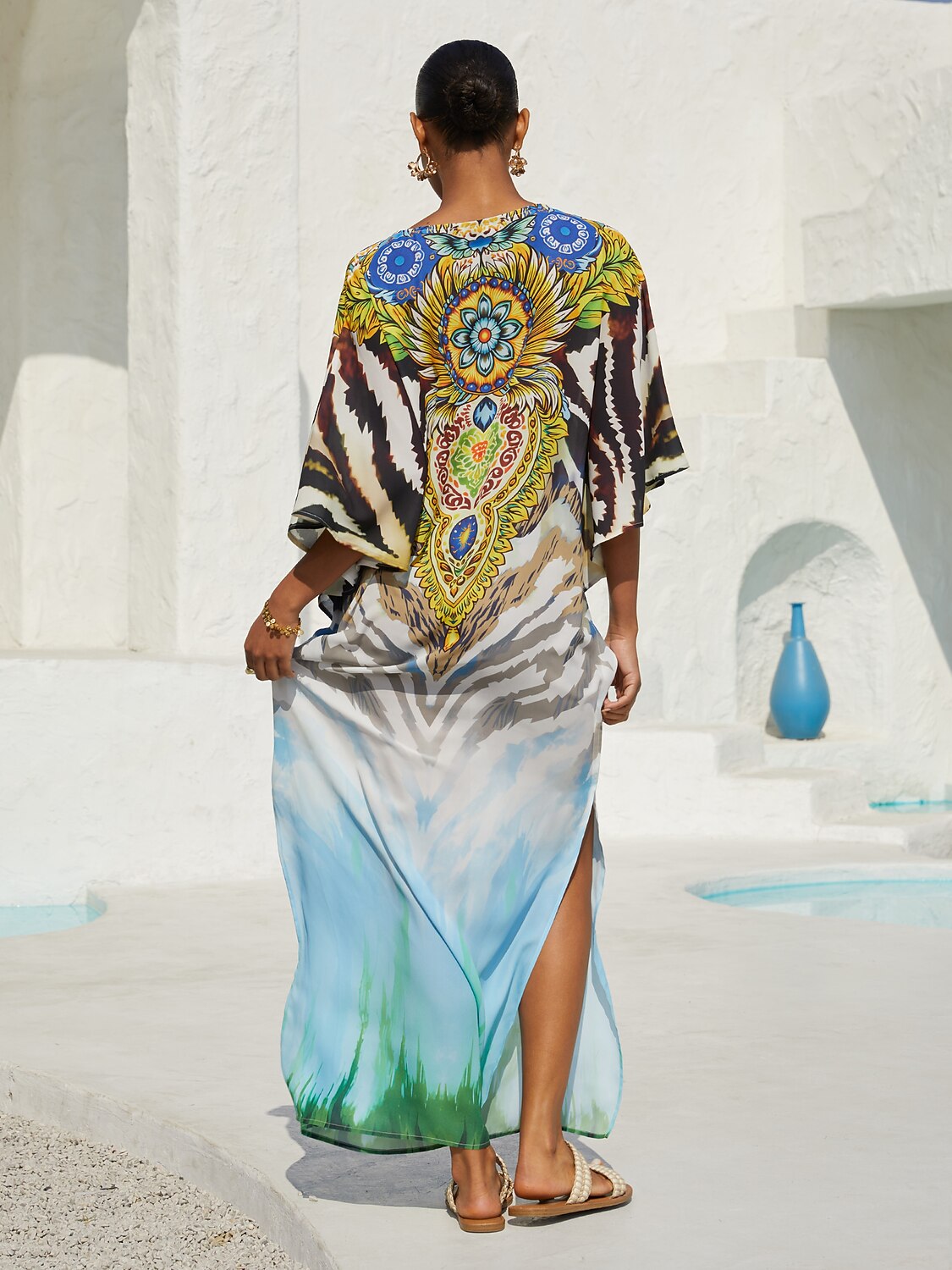 Mallorca Blossom Flowy Chiffon Dolman Sleeve Maxi Dress