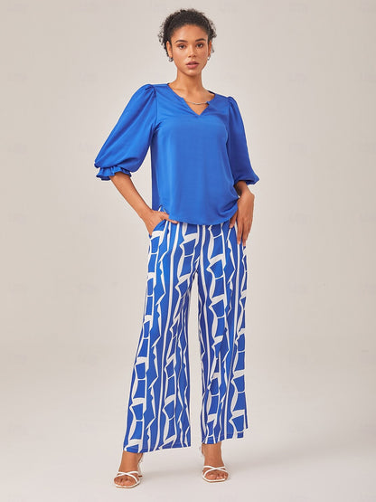 Satin Vacation-Style Solid Blue V-Neck Ruched Top