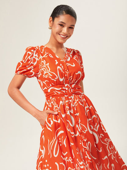 Abstract Art Print Linen-Like Waist-Cinching Maxi Dress