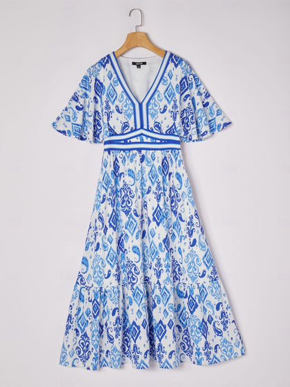 Blue Monochrome Print Empire Waist Midi Dress