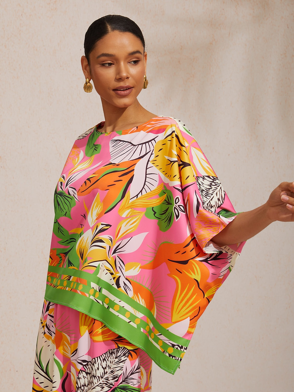 Summer Night Palm Silky Satin Dolman Sleeve Top
