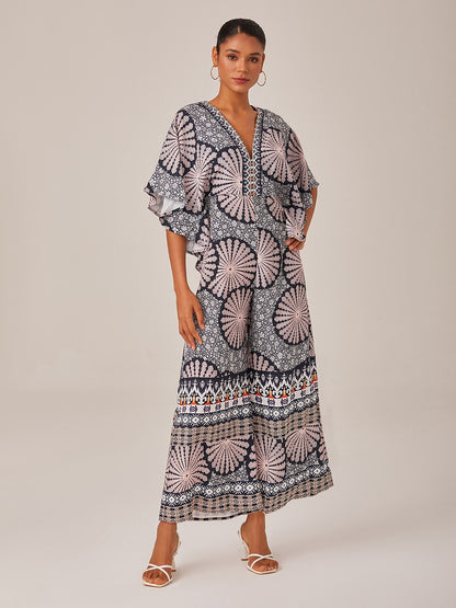 Satin Folk Print Magyar Deep umpsuit