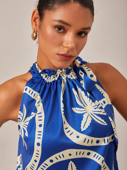 Satin Geometric Print Sleeveless Top With Ruffle Tie Neck