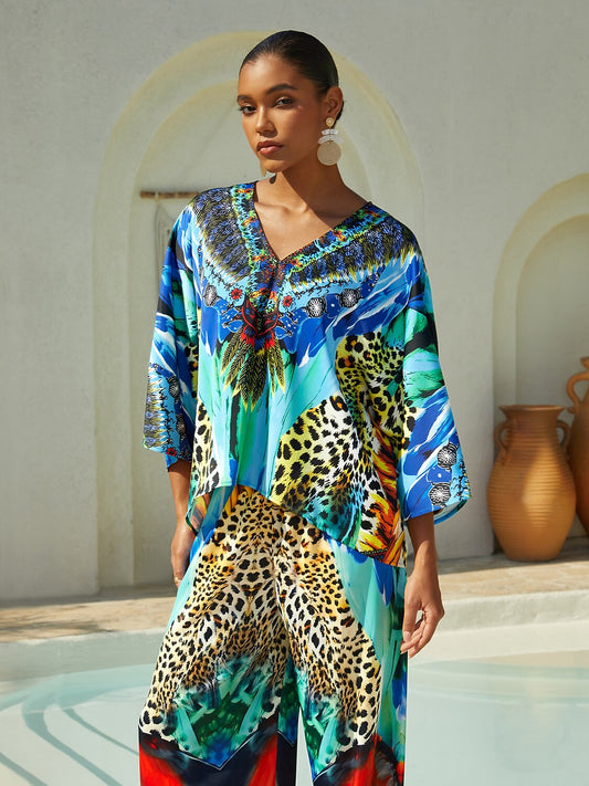 Vacation Feather Leopard Motif Dolman Sleeve Fit Satin Top