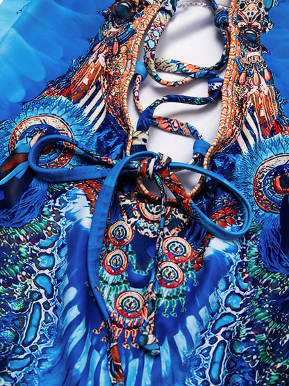 Vacation Feather Leopard Print High Stretch Fabric Tie Swimsuit