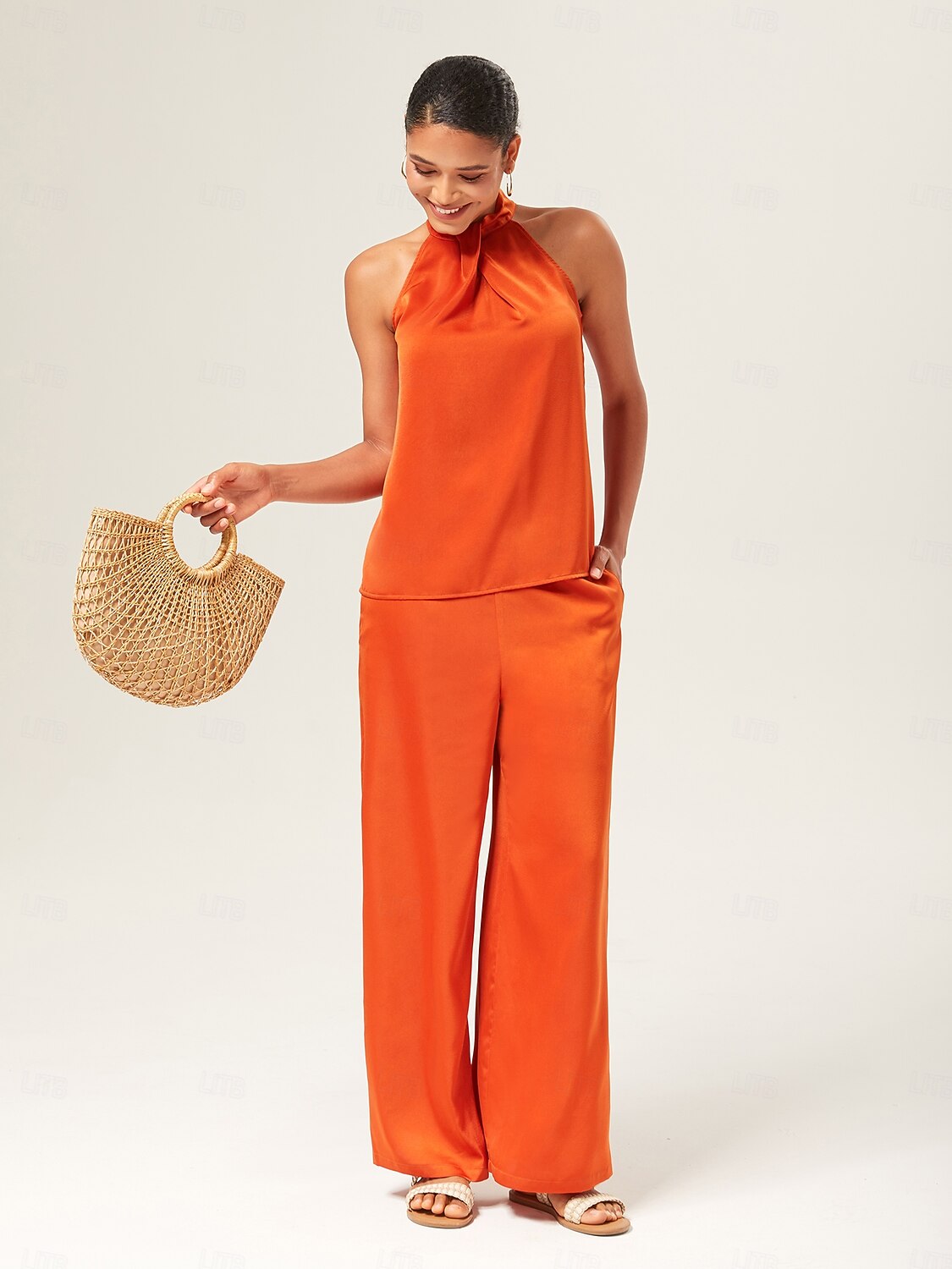 Satin Orange Stand Collar Wide Leg Pants Set