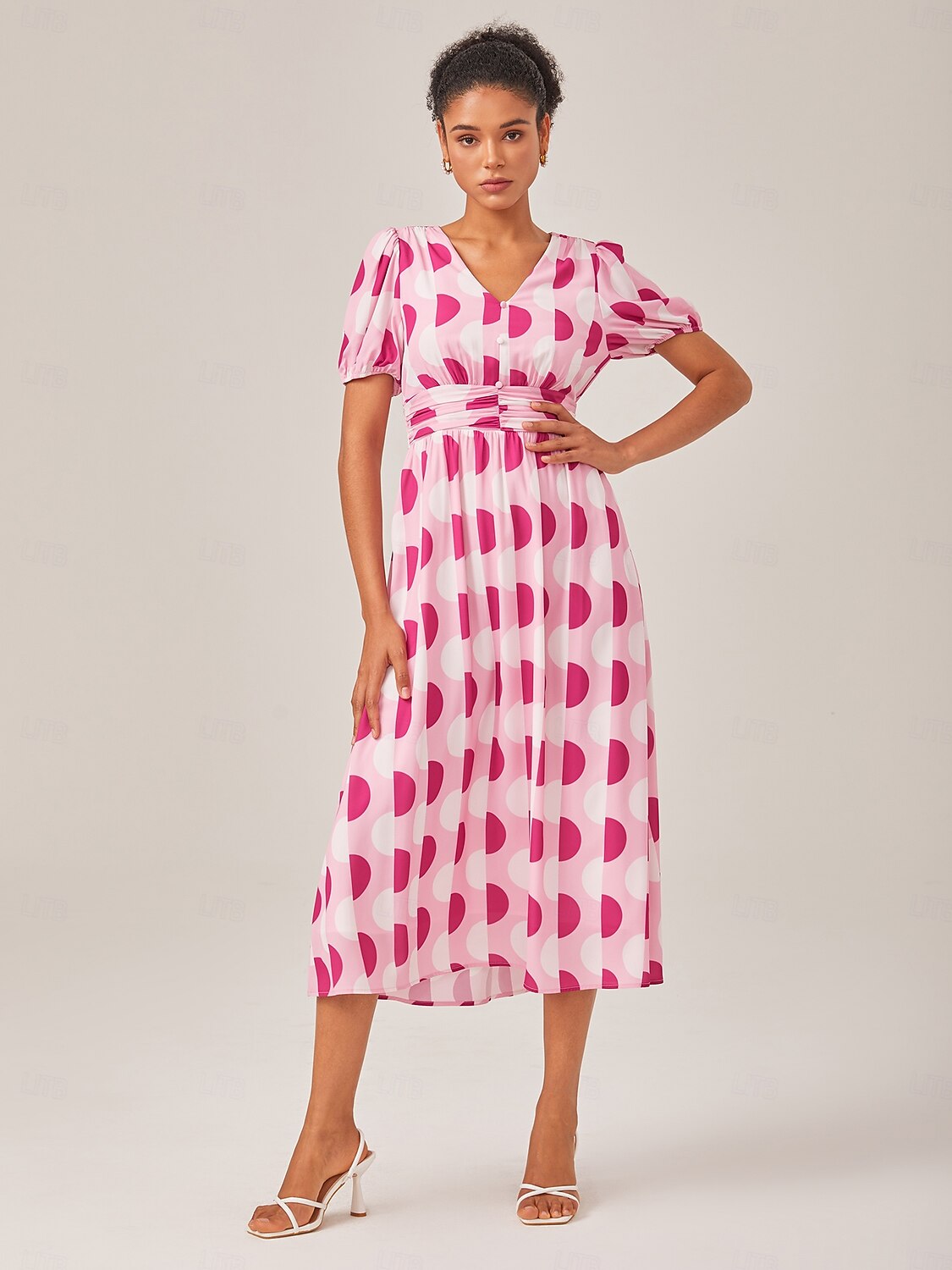 Pink Polka Dot Geometric Print Cinched Waist Dress