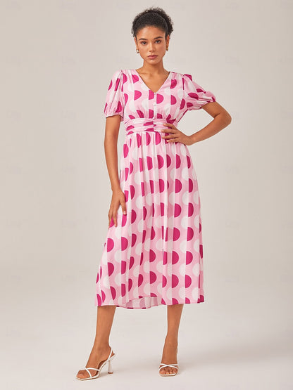 Pink Polka Dot Geometric Print Cinched Waist Dress