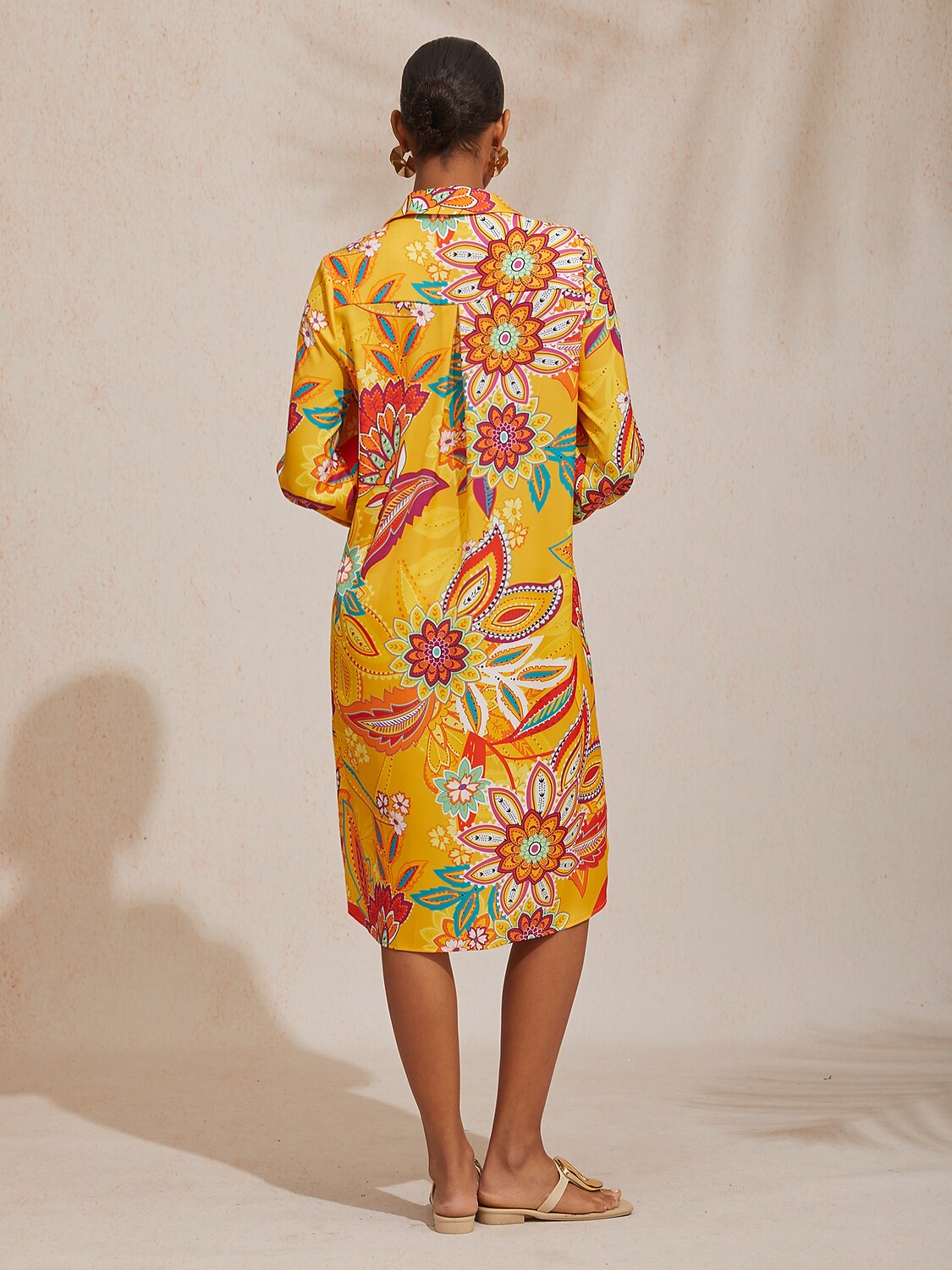 Vacation Yellow Paisley Print Straight Fit Satin Shirt Dress