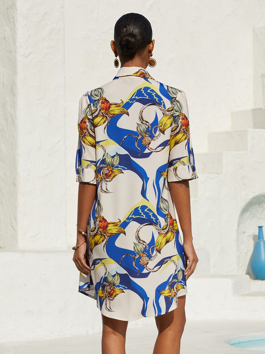 Vacation Scenic Floral Print Straight Satin Shirt Dress