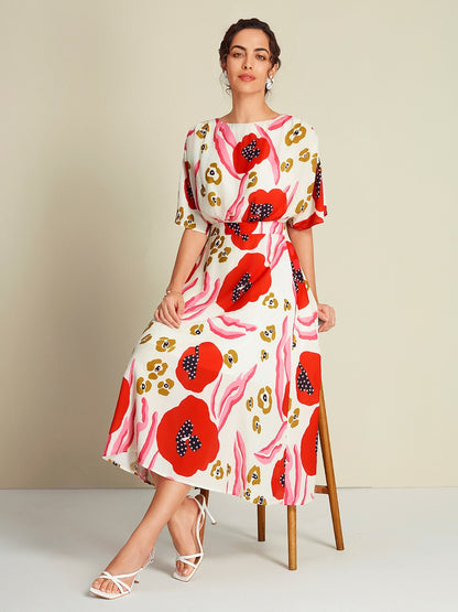 Chiffon Abstract Floral Print Maxi Dress Vacation
