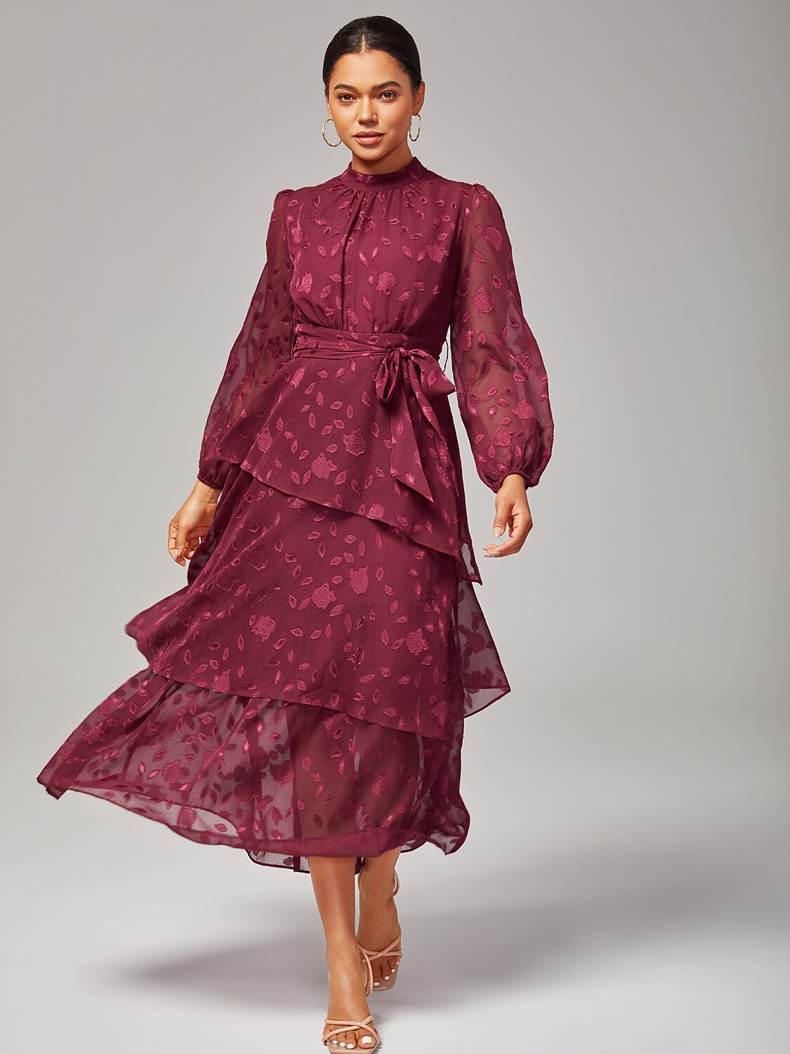 Elegant Floral Print High-Neck Maxi Chiffon Dress