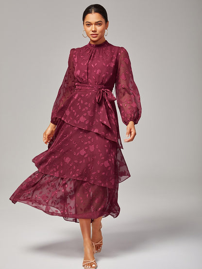 Elegant Floral Print High-Neck Maxi Chiffon Dress