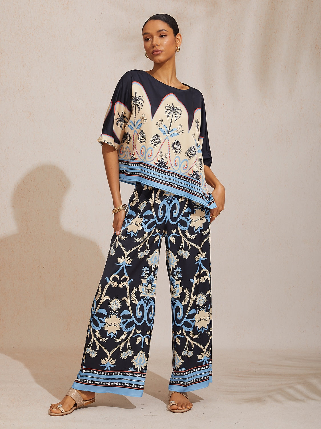 Summer Night Palm Silky Satin Dolman Sleeve Top