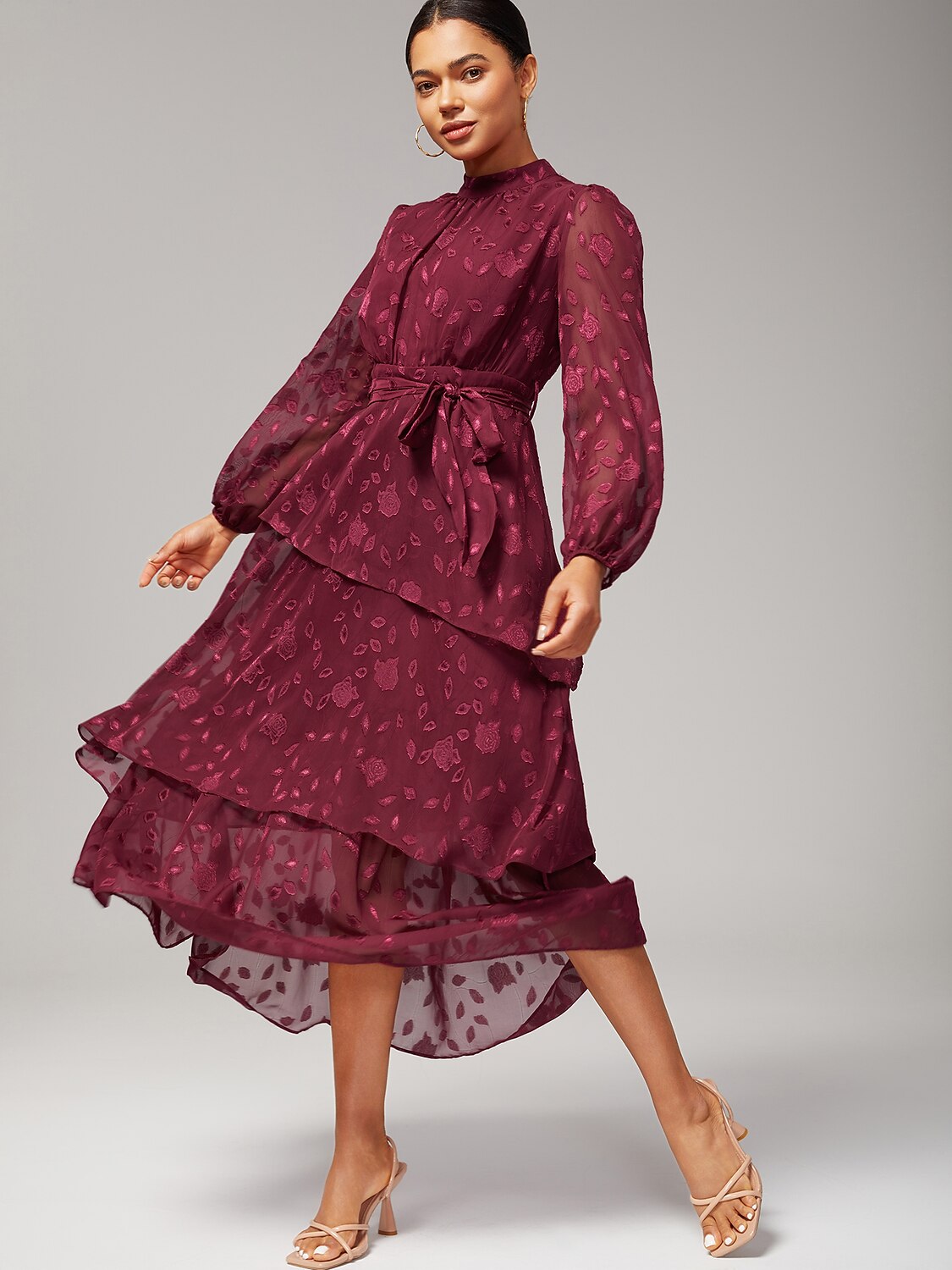 Elegant Floral Print High-Neck Maxi Chiffon Dress