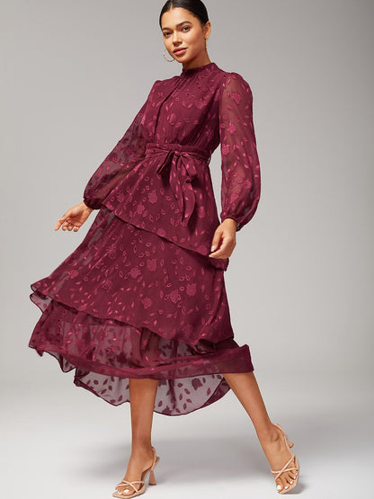 Elegant Floral Print High-Neck Maxi Chiffon Dress