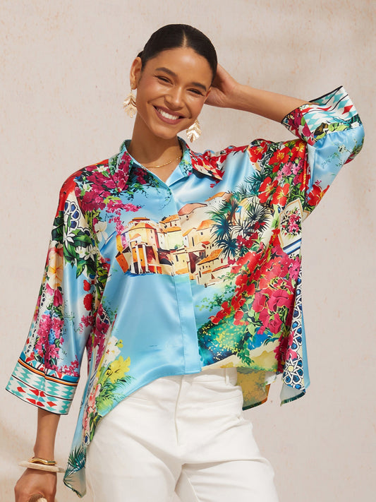 Mallorca Blossom Silky Satin Dolman Sleeve Top