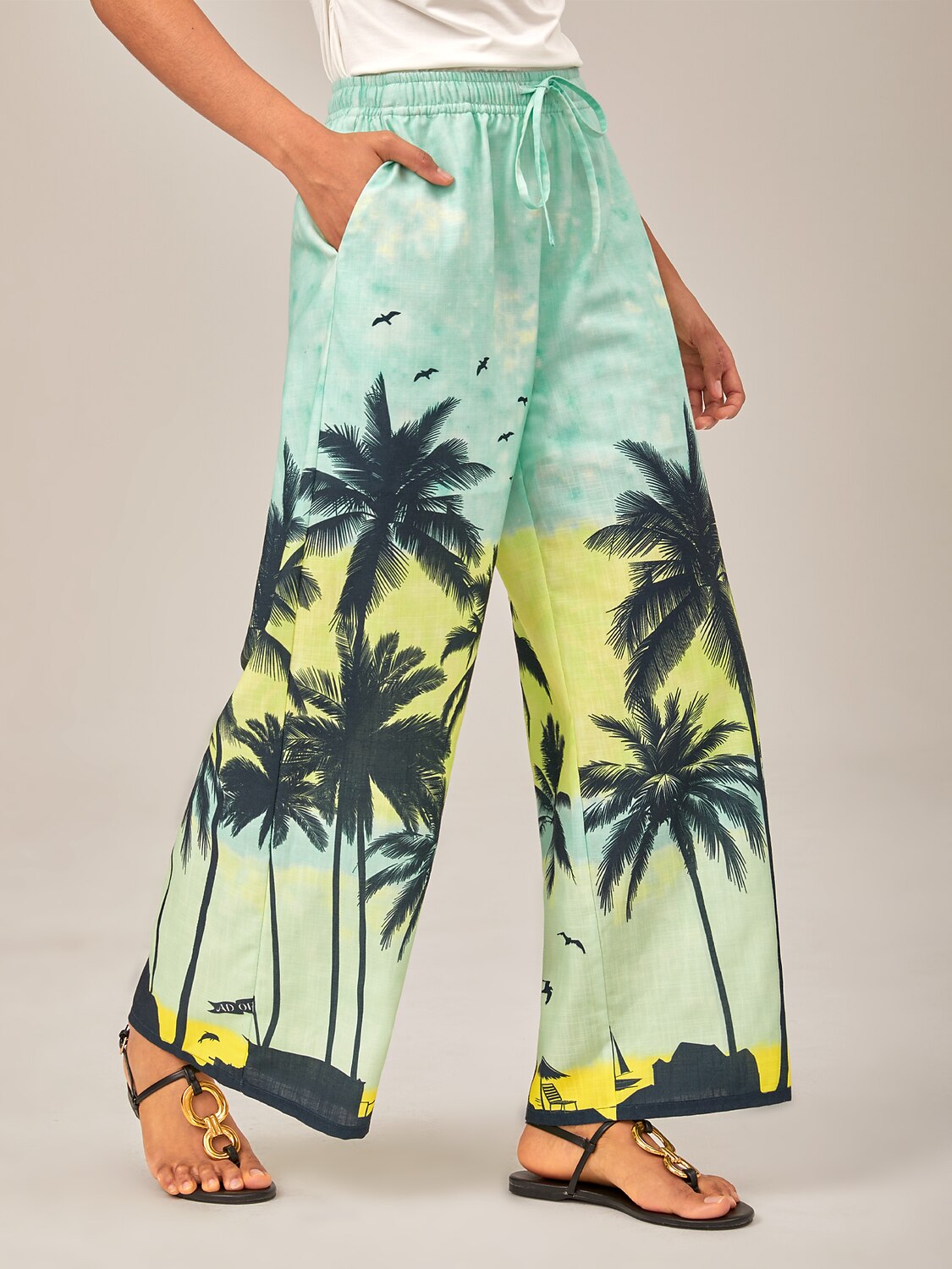Beach Palm Tree Silhouette Wide-Leg Pants