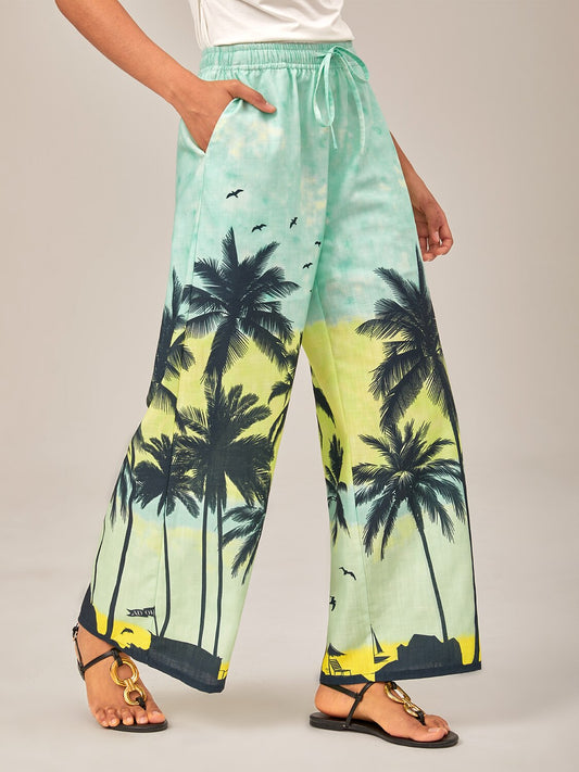 Beach Palm Tree Silhouette Wide-Leg Pants
