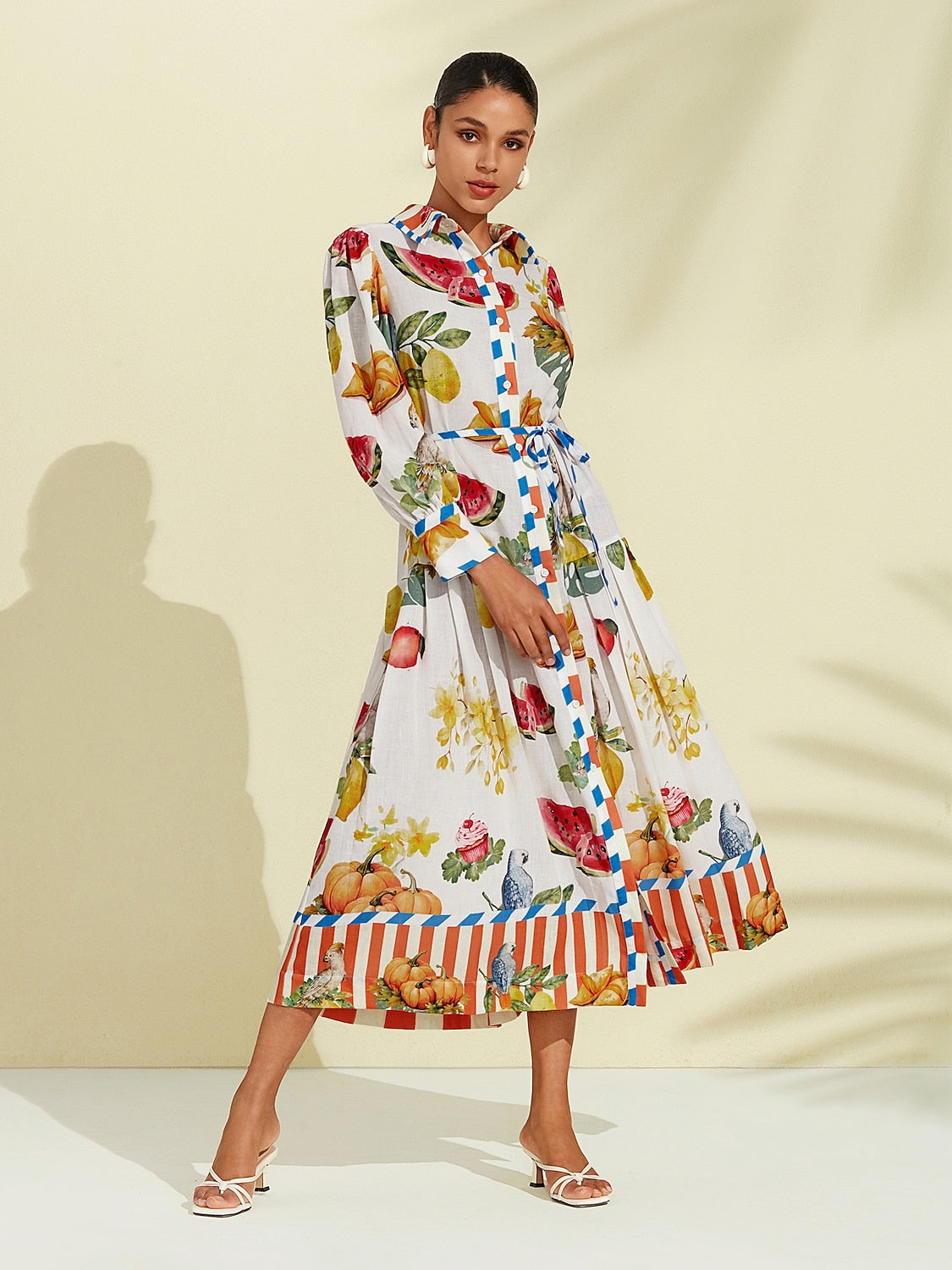 Print Stripe Fruit Midi Shirt Dress