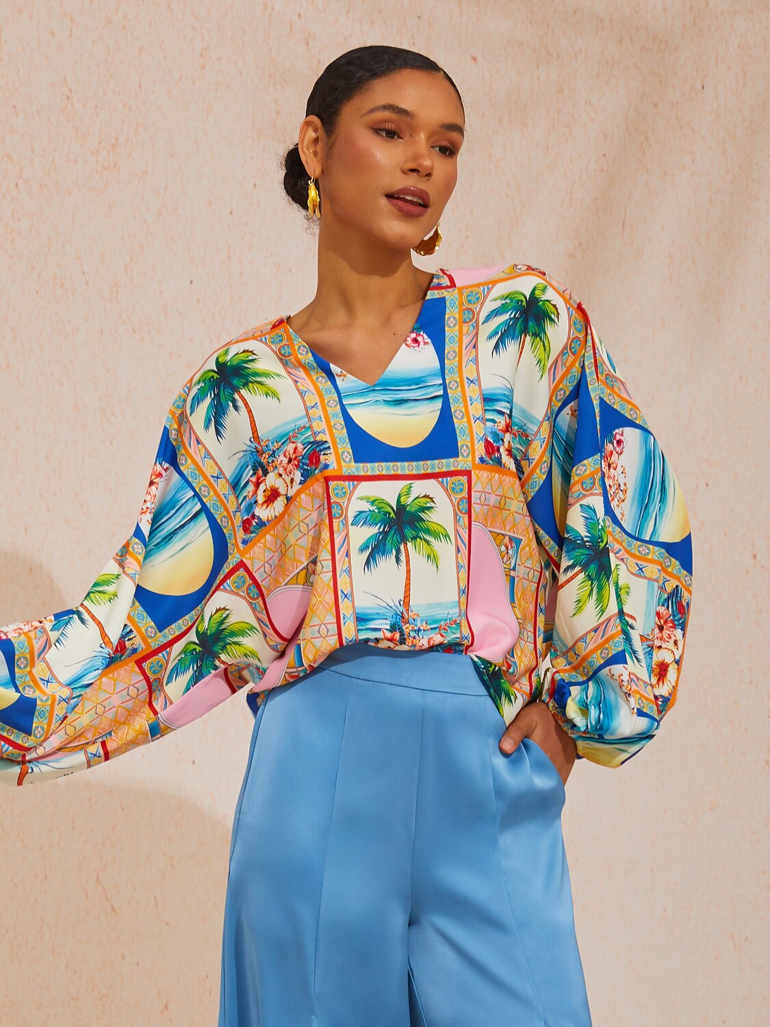 Vacation Geometric Floral Print Dolman Sleeve Satin Top