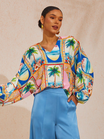 Vacation Geometric Floral Print Dolman Sleeve Satin Top
