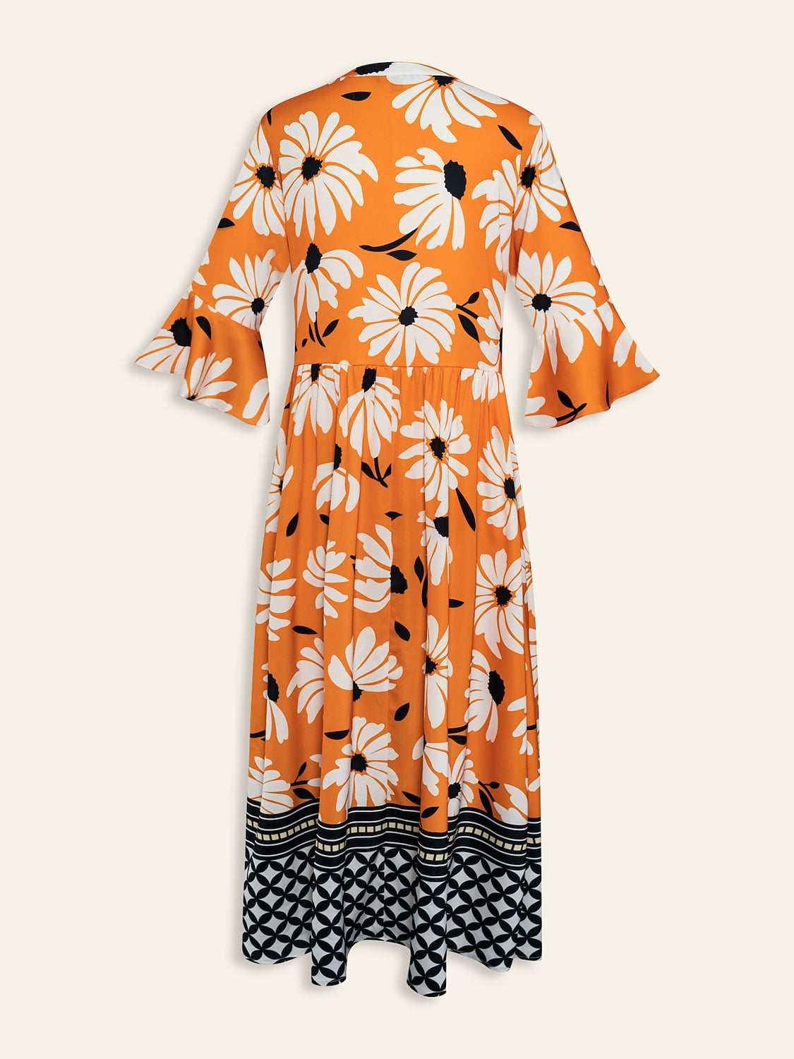 Satin Vacation Geometric Pattern 3/4 Length Sleeves Maxi Dress