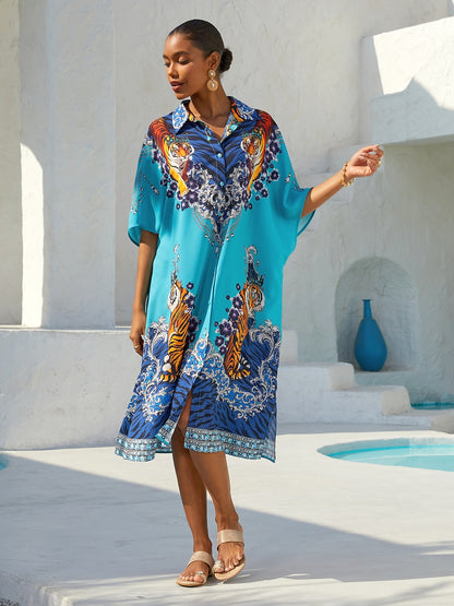 Indigo Tigress Chiffon Vacation Shirt Dress