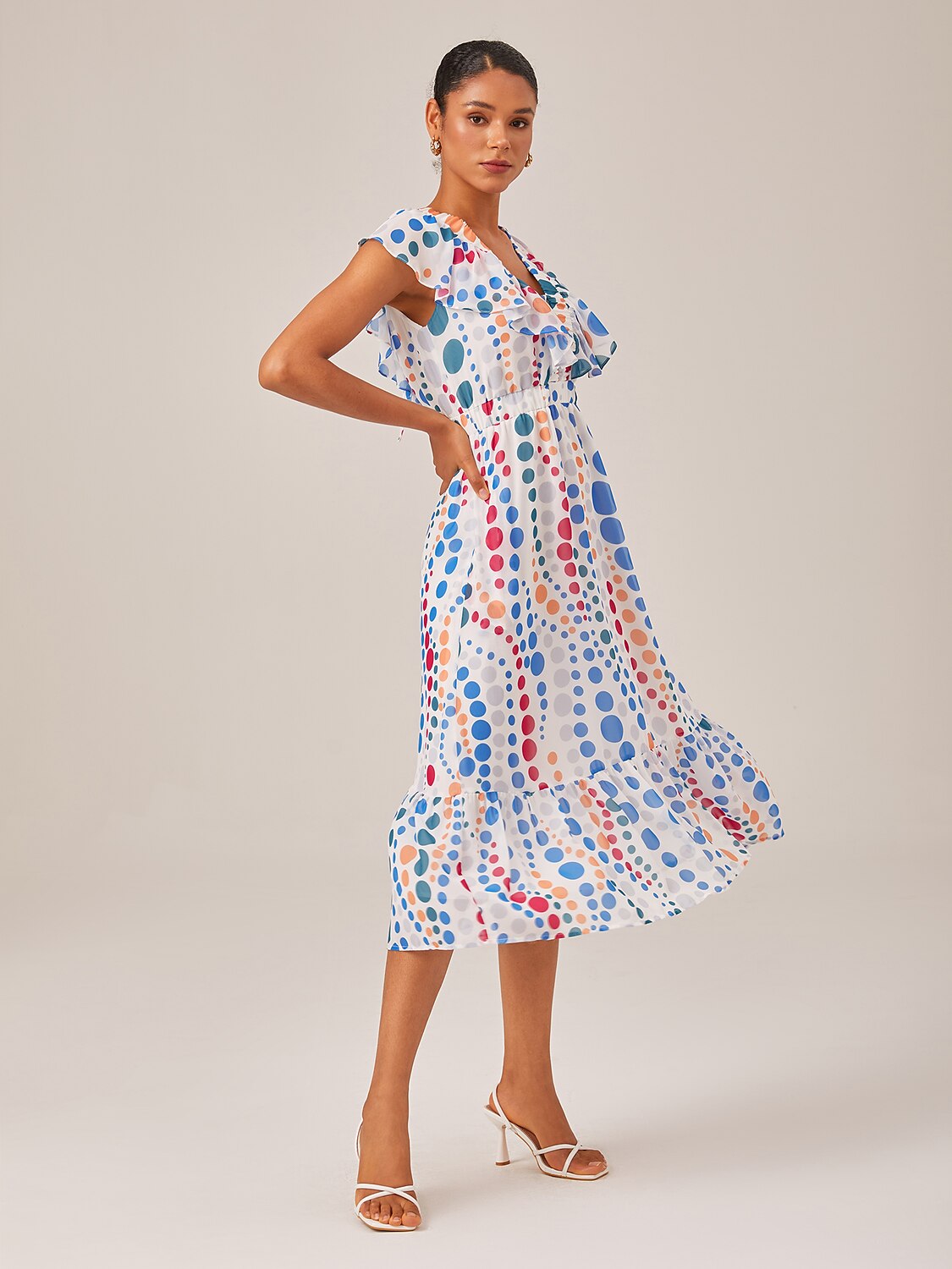 Colorful Polka Dot Chiffon Ruffled Waisted Dress