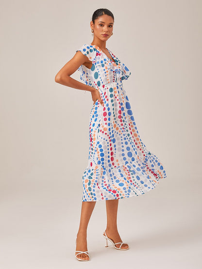 Colorful Polka Dot Chiffon Ruffled Waisted Dress