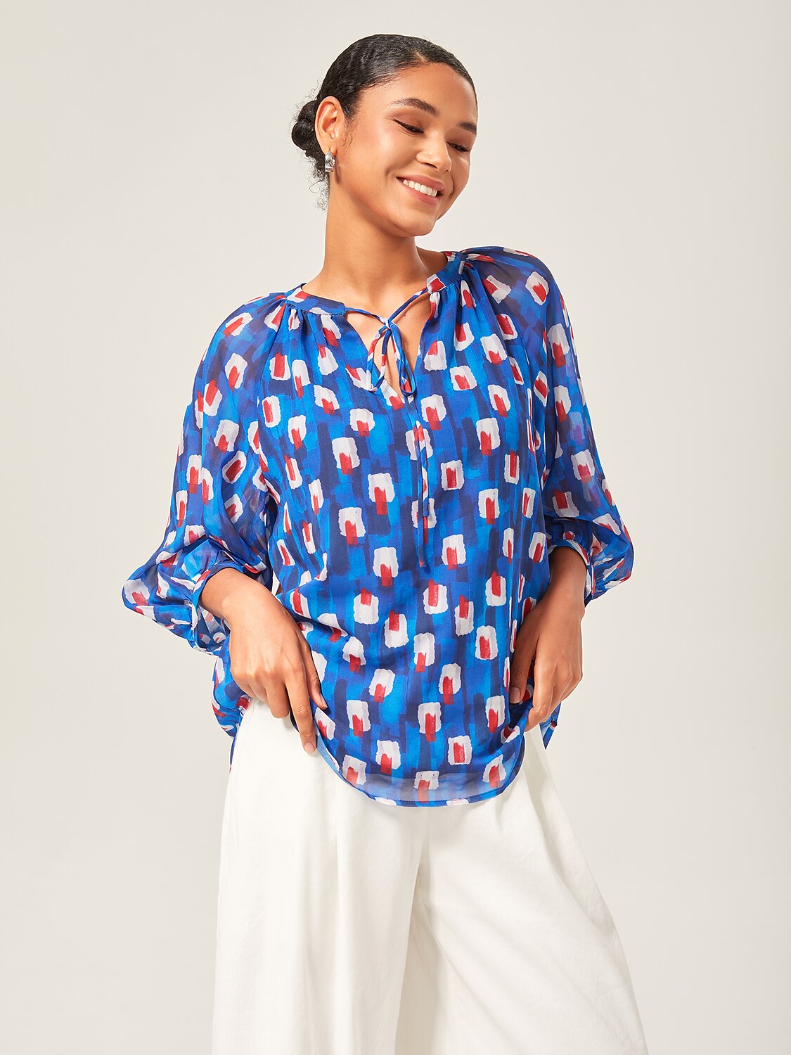 Geometric Chiffon Lantern Sleeve Top