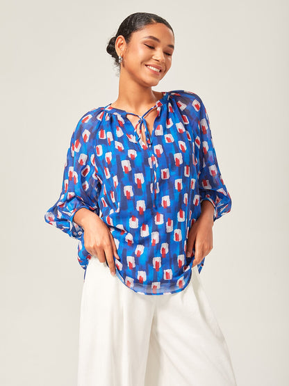 Geometric Chiffon Lantern Sleeve Top