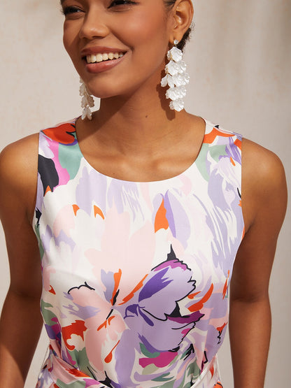 Vacation Abstract Floral Print Straight Fit Satin Maxi Dress