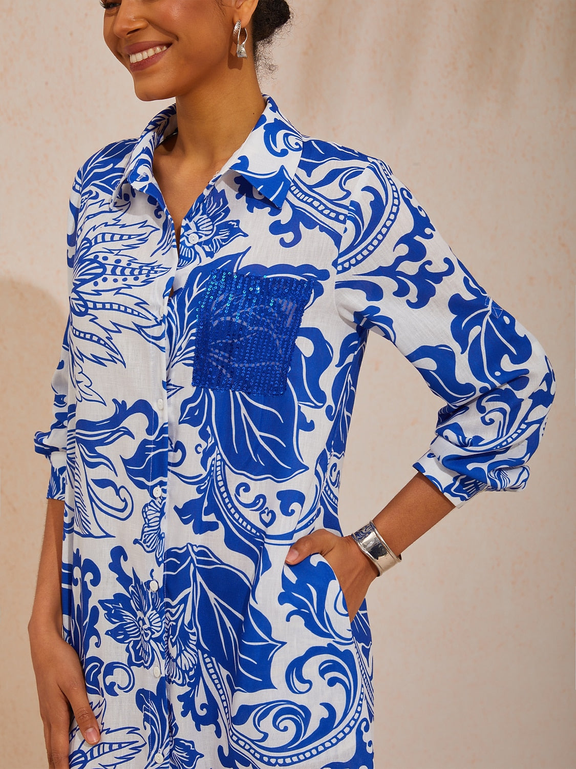 Vacation Blue Floral Straight Linen-Like Shirt Dress