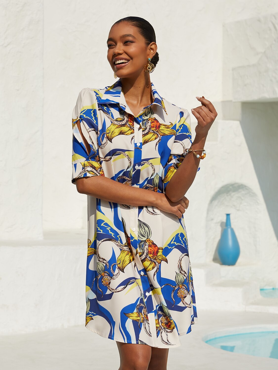 Vacation Scenic Floral Print Straight Satin Shirt Dress